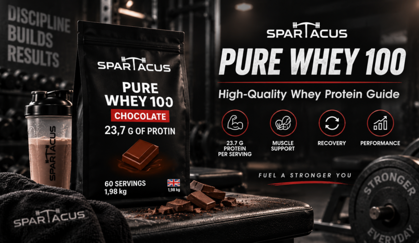 Spartacus Pure Whey 100 chocolate whey protein supplement in a gym setting for muscle support and recovery in Jordan