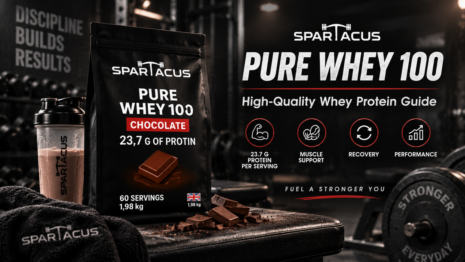 Spartacus Pure Whey 100 chocolate whey protein supplement in a gym setting for muscle support and recovery in Jordan