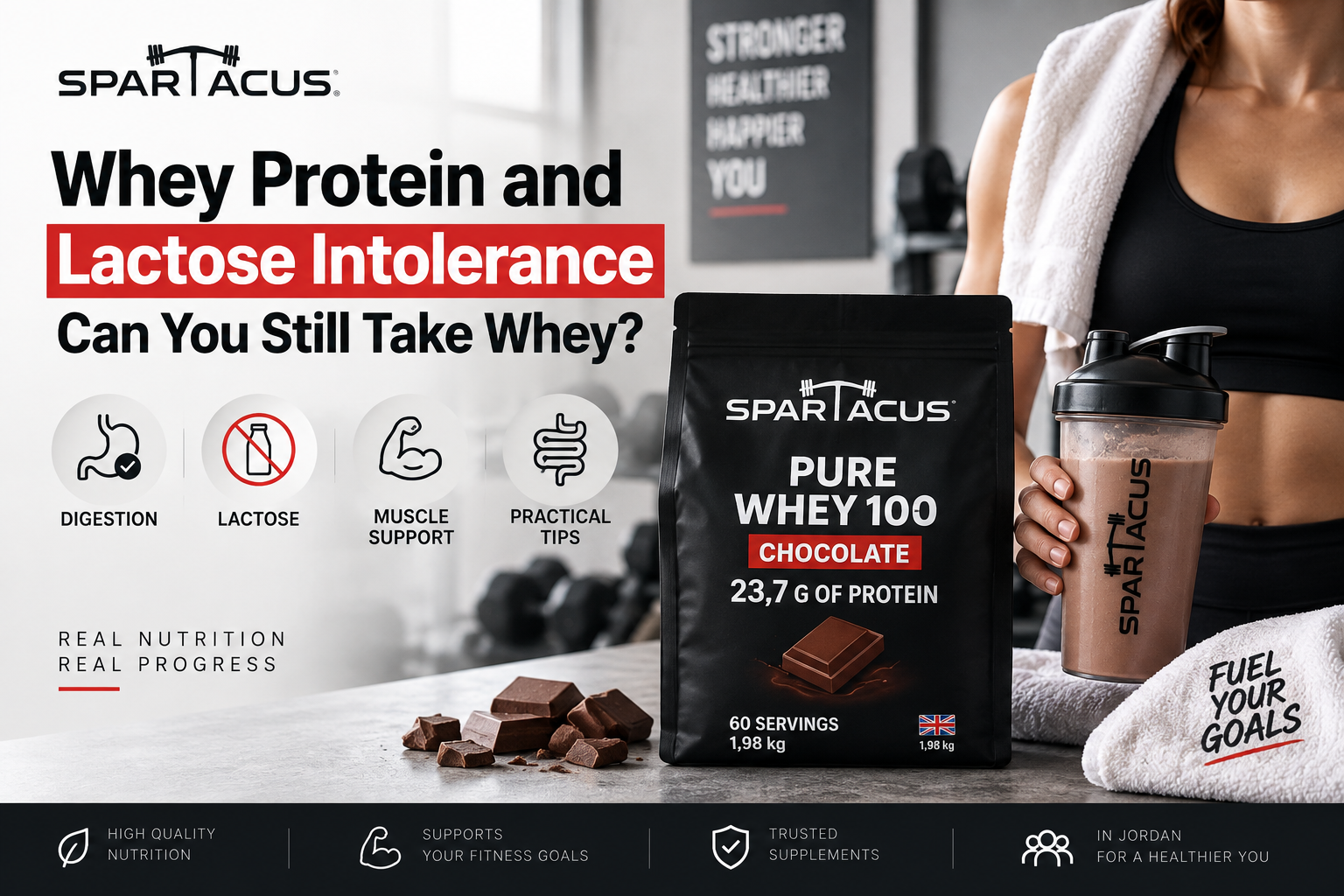 Whey protein and lactose intolerance guide featuring Spartacus Pure Whey 100 Chocolate in Jordan
