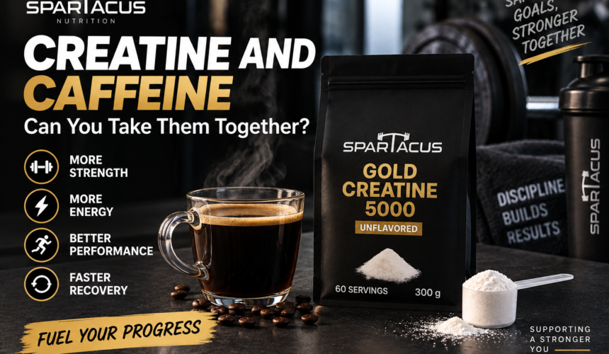 Creatine and caffeine guide featuring Spartacus Gold Creatine 5000 with coffee for strength, energy and workout performance