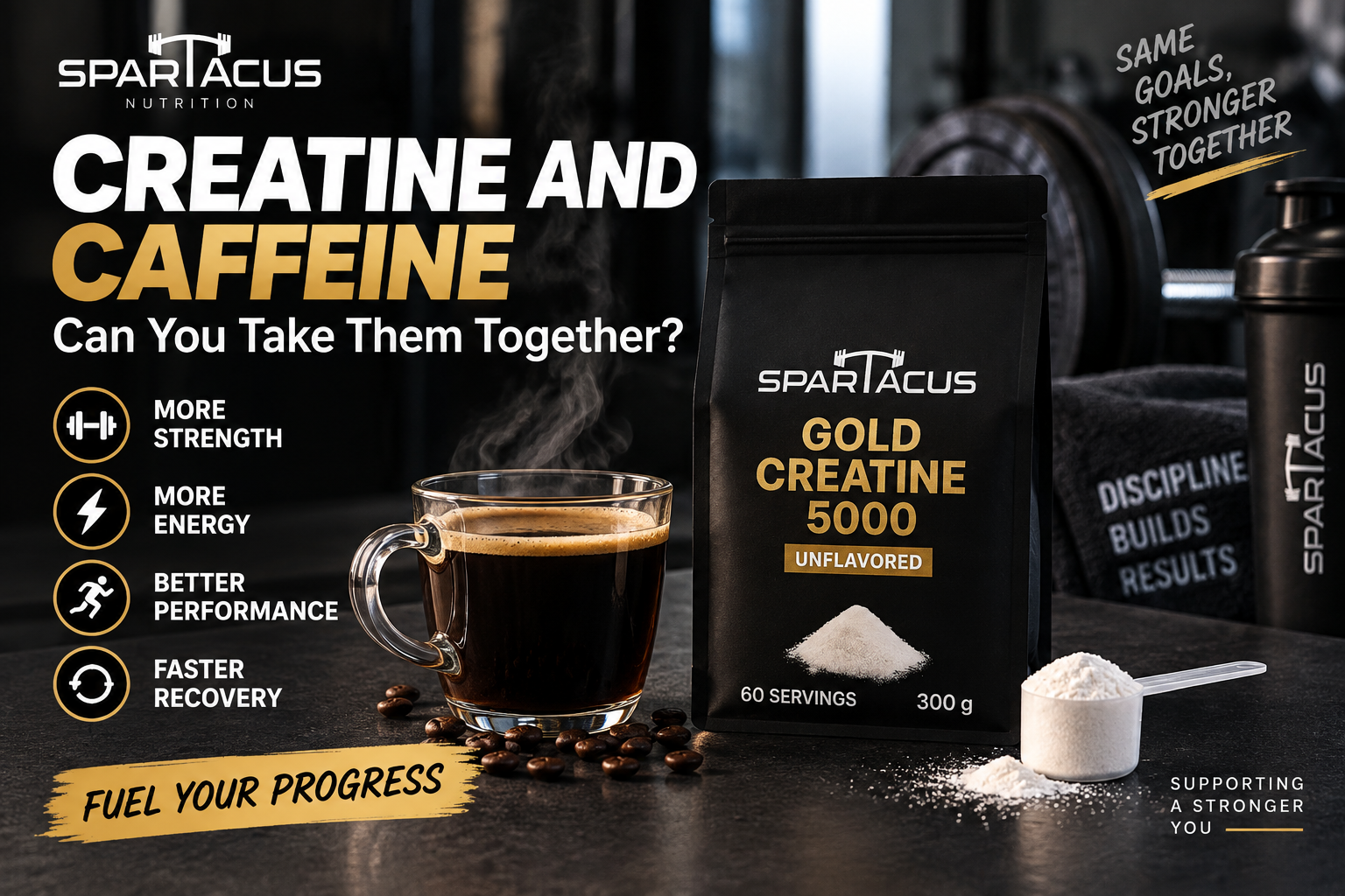 Creatine and caffeine guide featuring Spartacus Gold Creatine 5000 with coffee for strength, energy and workout performance