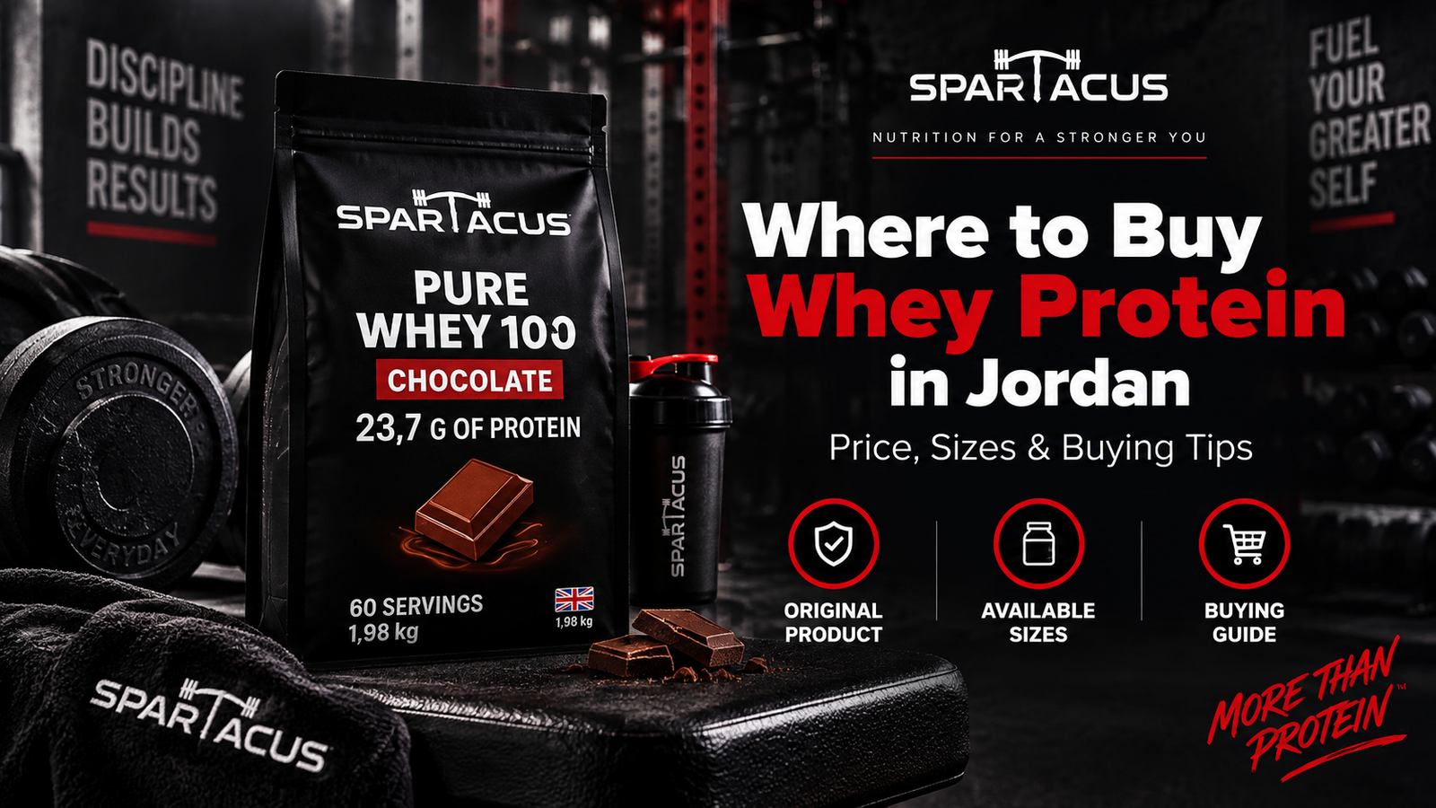 Where to buy whey protein in Jordan featuring Spartacus Pure Whey 100 Chocolate with price, sizes and buying guide