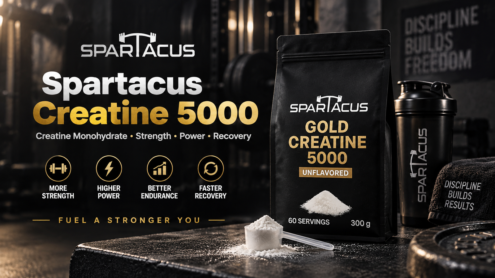 Spartacus Creatine 5000 featured in a guide explaining how long creatine takes to work, including strength, performance and recovery results