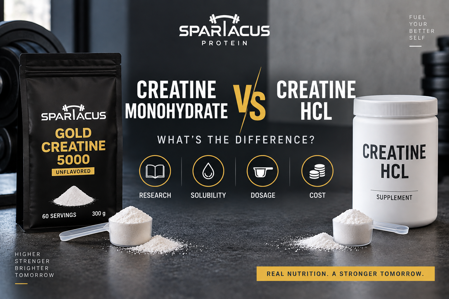 Creatine monohydrate vs creatine HCL comparison featuring Spartacus Gold Creatine 5000 with research, solubility, dosage and cost factors
