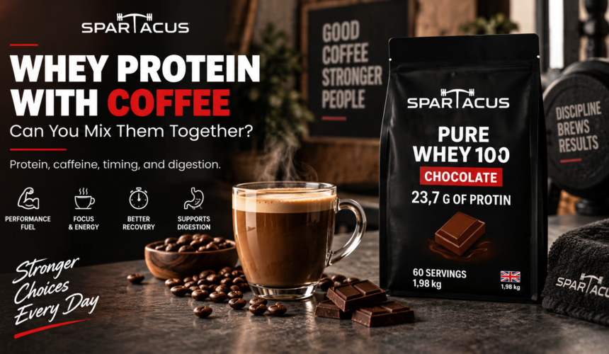 Whey protein with coffee featuring Spartacus Pure Whey 100 Chocolate with caffeine, timing, digestion and protein guidance