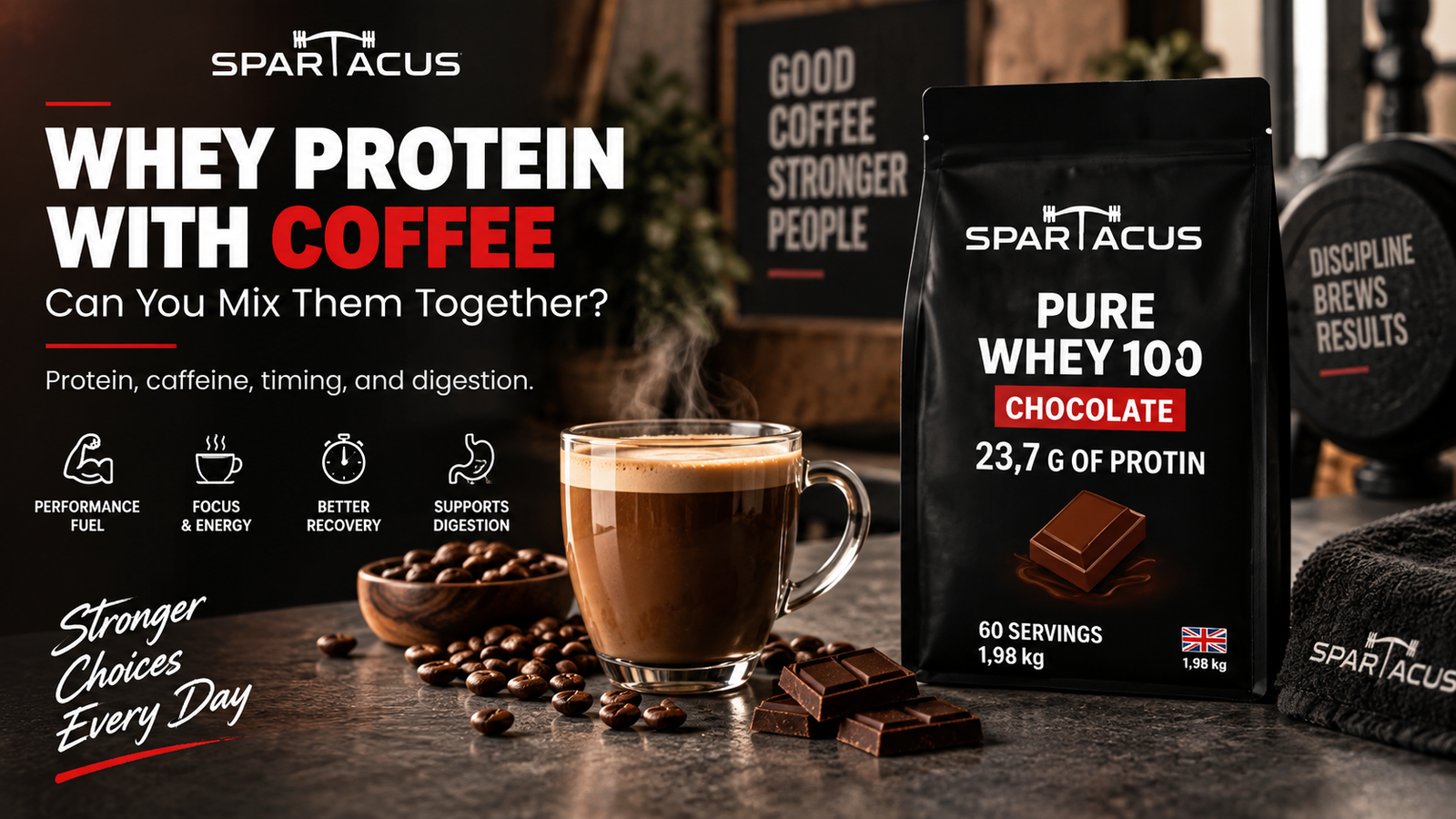Whey protein with coffee featuring Spartacus Pure Whey 100 Chocolate with caffeine, timing, digestion and protein guidance