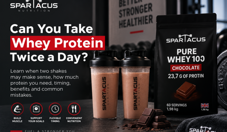 Whey protein twice a day featuring Spartacus Pure Whey 100 Chocolate with two protein shakes, timing, muscle support and daily protein guidance