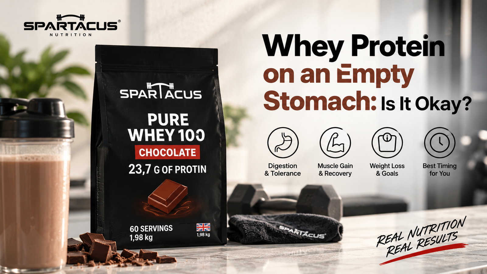 Whey protein on an empty stomach featuring Spartacus Pure Whey 100 Chocolate with digestion, muscle recovery, weight goals and timing guidance