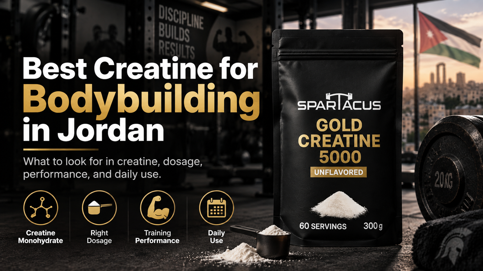 Best creatine for bodybuilding in Jordan featuring Spartacus Gold Creatine 5000 with creatine monohydrate, dosage, training performance, and daily use