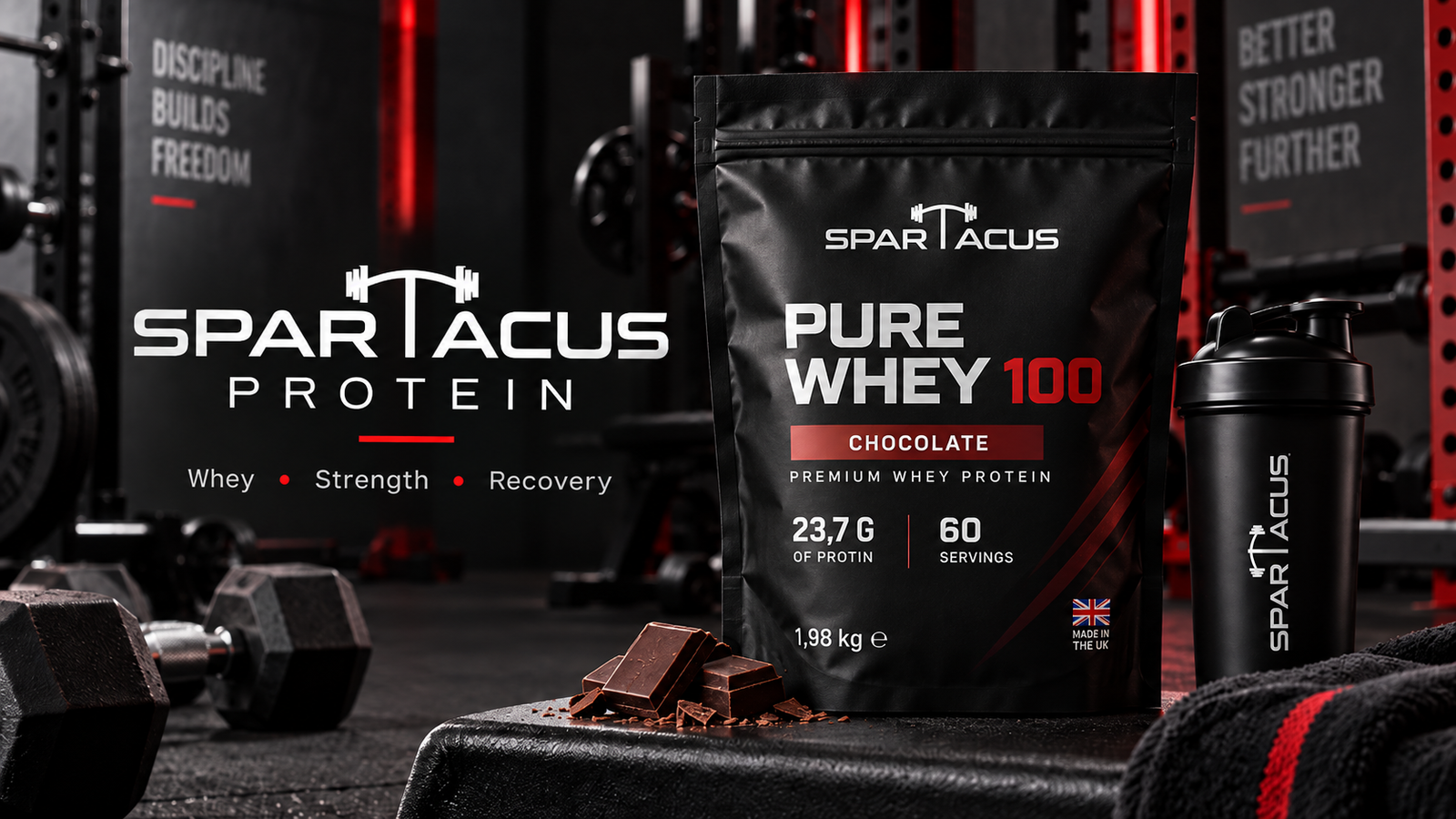 Whey protein for bulking in Jordan featuring Spartacus Pure Whey 100 Chocolate for protein intake, muscle gain, calories and bulking nutrition