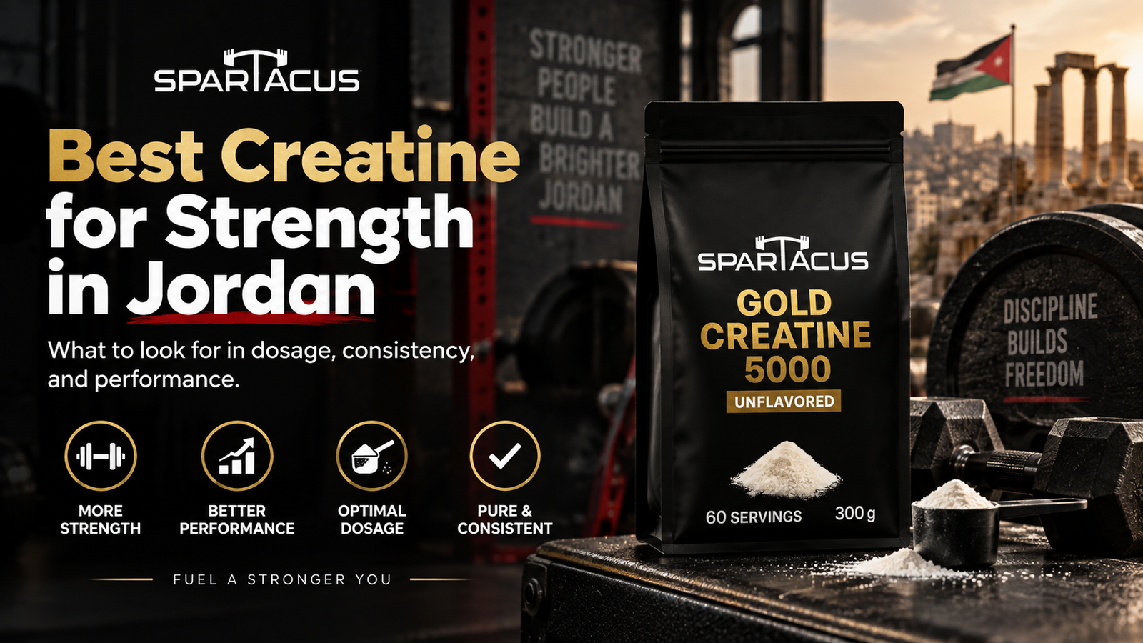 Best creatine for strength in Jordan featuring Spartacus Gold Creatine 5000 with 5 g creatine monohydrate per serving