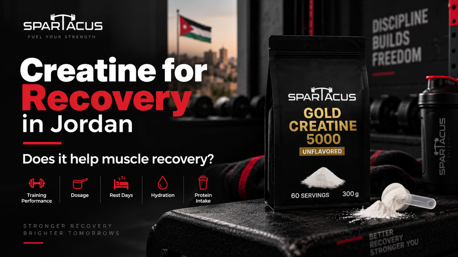 Featured image for creatine recovery in Jordan showing Spartacus Gold Creatine 5000 in a gym setting with recovery, dosage, rest days, hydration, and protein intake highlights.