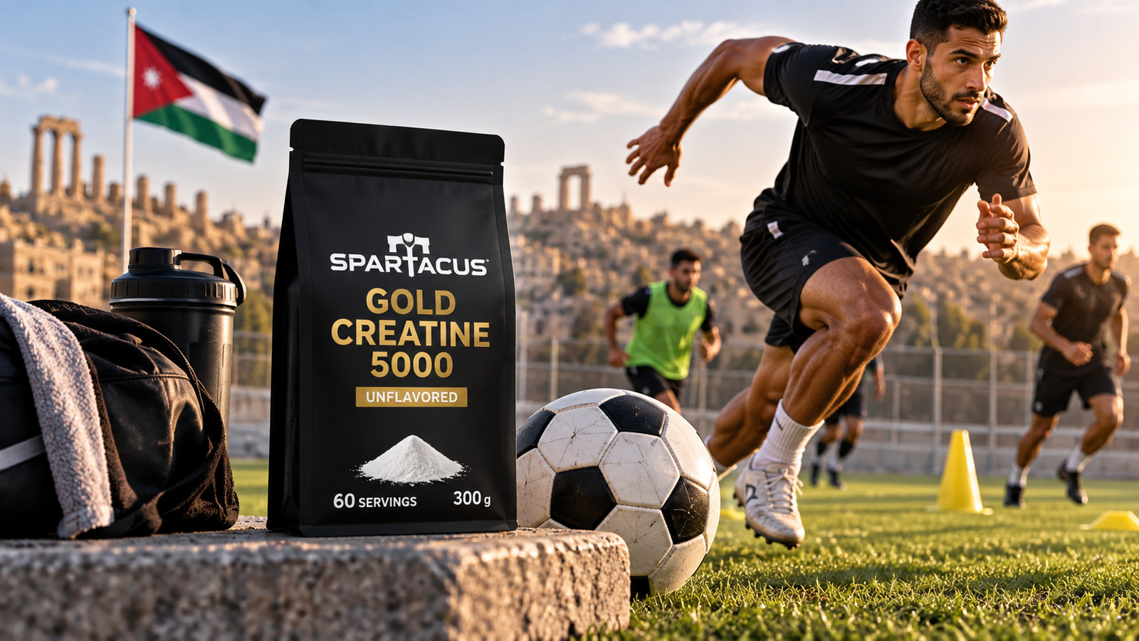 Creatine for football players in Jordan featuring Spartacus Gold Creatine 5000 to support sprinting, strength, and performance.