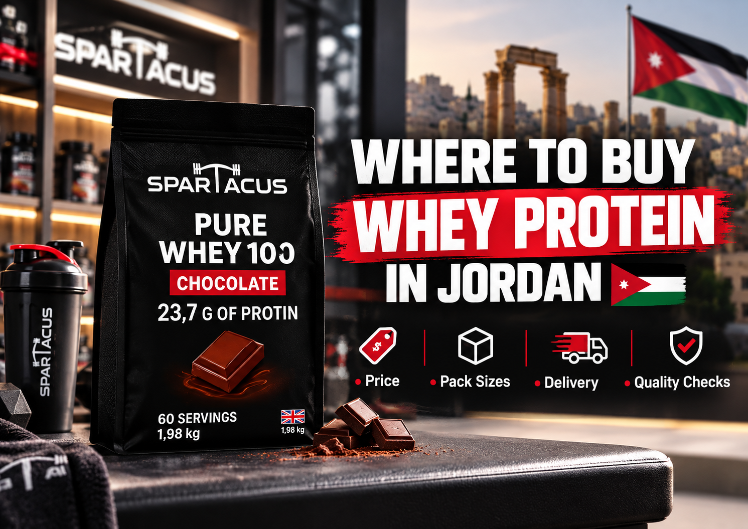 Where to buy whey protein in Jordan featuring Spartacus Pure Whey 100 Chocolate with price, pack size, delivery, and quality information