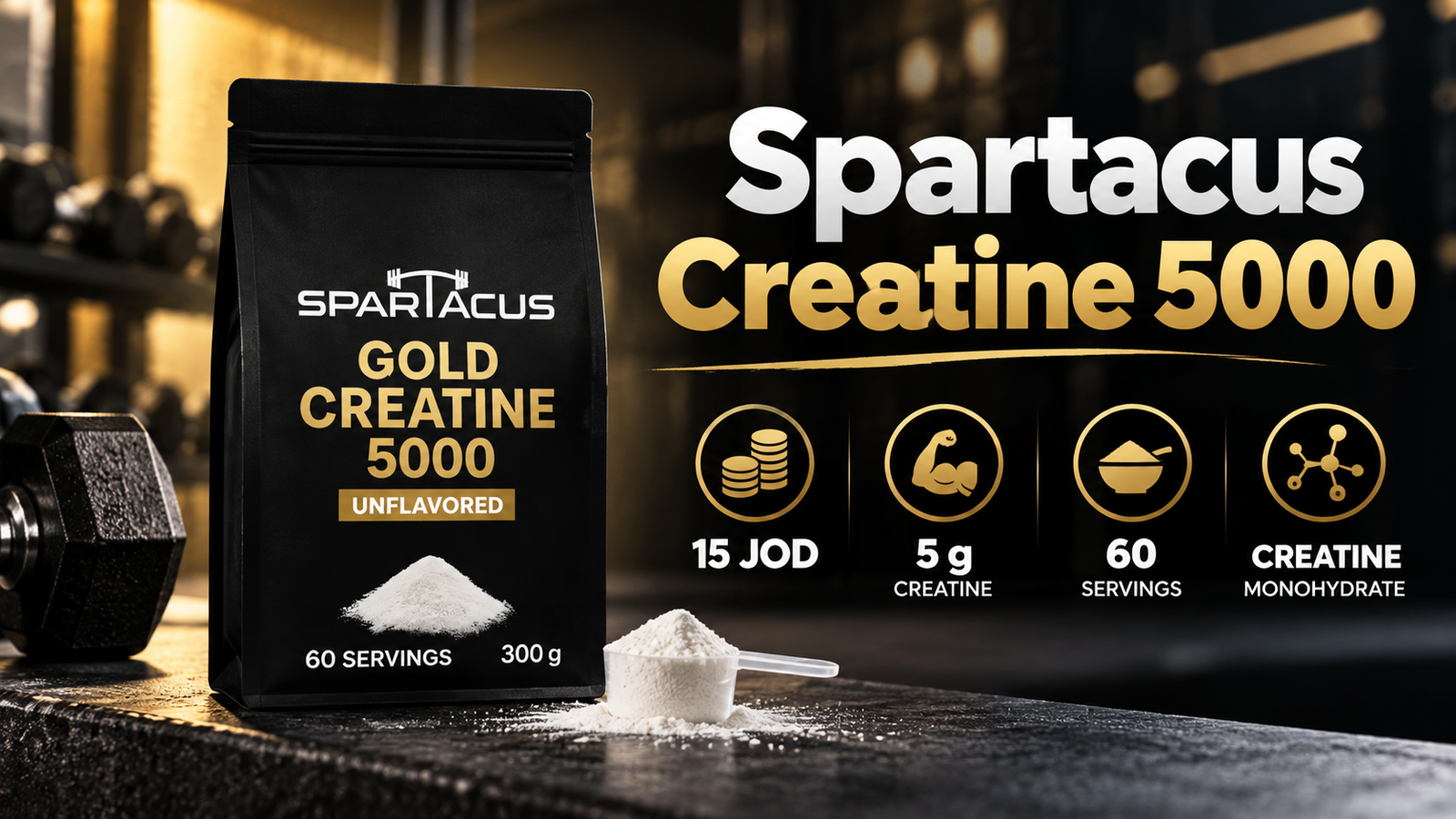 Spartacus Creatine 5000 featured image showing price, 5 g creatine, 60 servings and creatine monohydrate