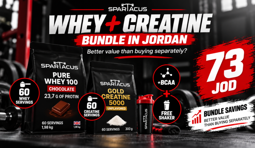 Spartacus whey creatine bundle Jordan featured image with whey, creatine, BCAA and shaker