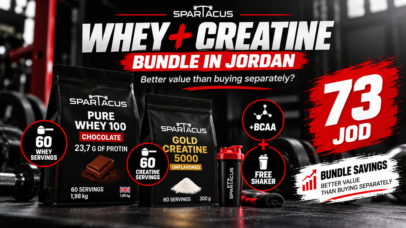 Spartacus whey creatine bundle Jordan featured image with whey, creatine, BCAA and shaker