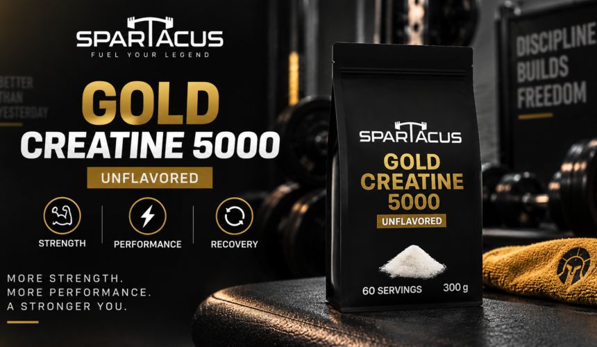 Spartacus Creatine 5000 creatine monohydrate supplement with 5g creatine per serving in a gym setting