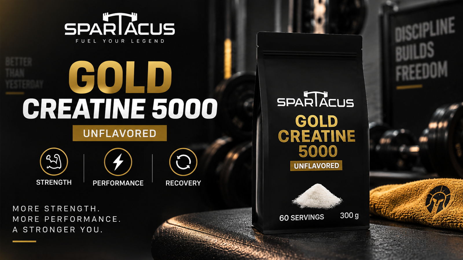 Spartacus Creatine 5000 creatine monohydrate supplement with 5g creatine per serving in a gym setting