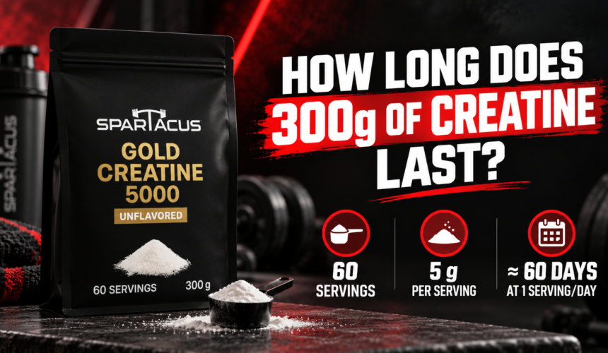 Spartacus Gold Creatine 5000 showing 300 g, 60 servings, 5 g per serving and approximately 60 days of use