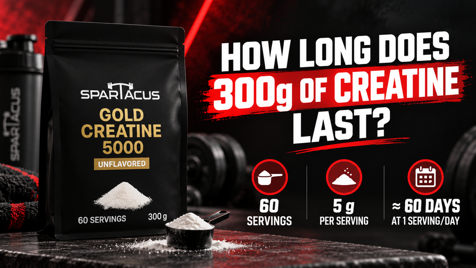 Spartacus Gold Creatine 5000 showing 300 g, 60 servings, 5 g per serving and approximately 60 days of use