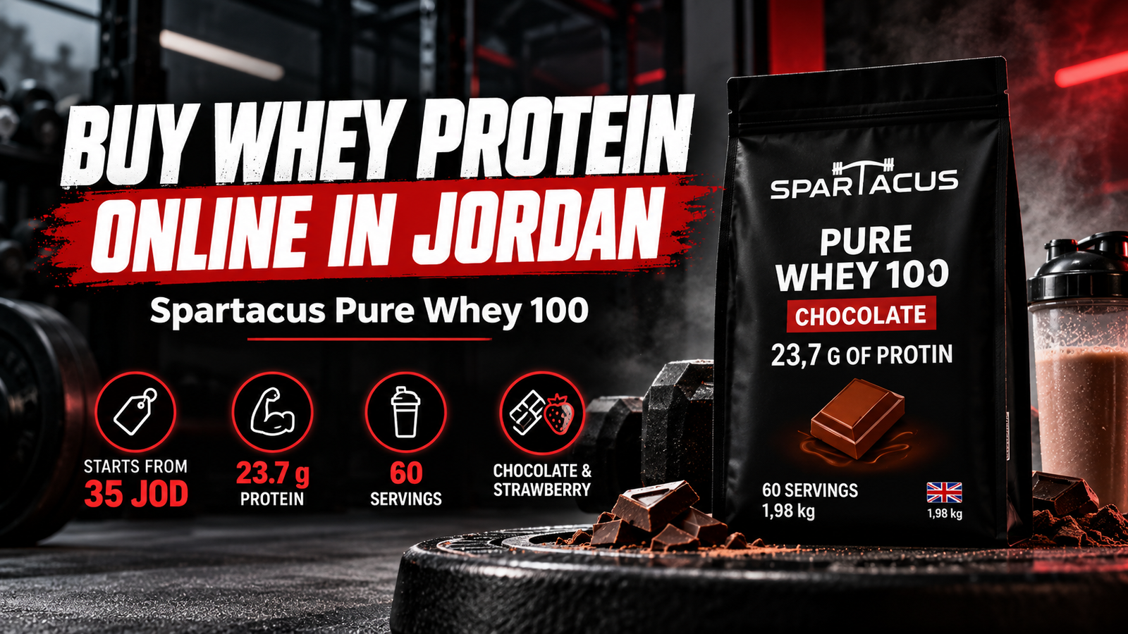 Spartacus Pure Whey 100 buy whey protein online Jordan with 23.7 g protein, 60 servings and price from 35 JOD