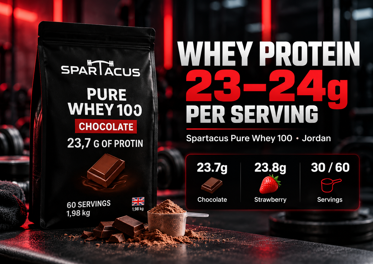 Spartacus Pure Whey 100 with 23.7 to 23.8 g protein per serving in Jordan