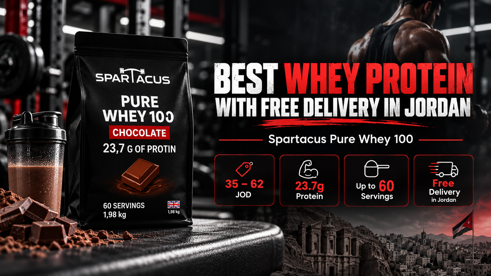 Spartacus Pure Whey 100 chocolate whey protein pack with gym-themed promotional design for Jordan buyers
